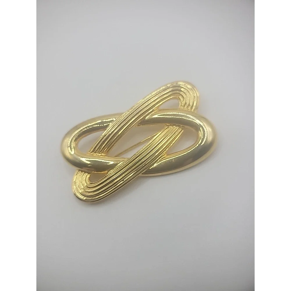 Vintage Gold Tone Brooch Pin Double Chain Smooth Ribbed Jewelry Costume